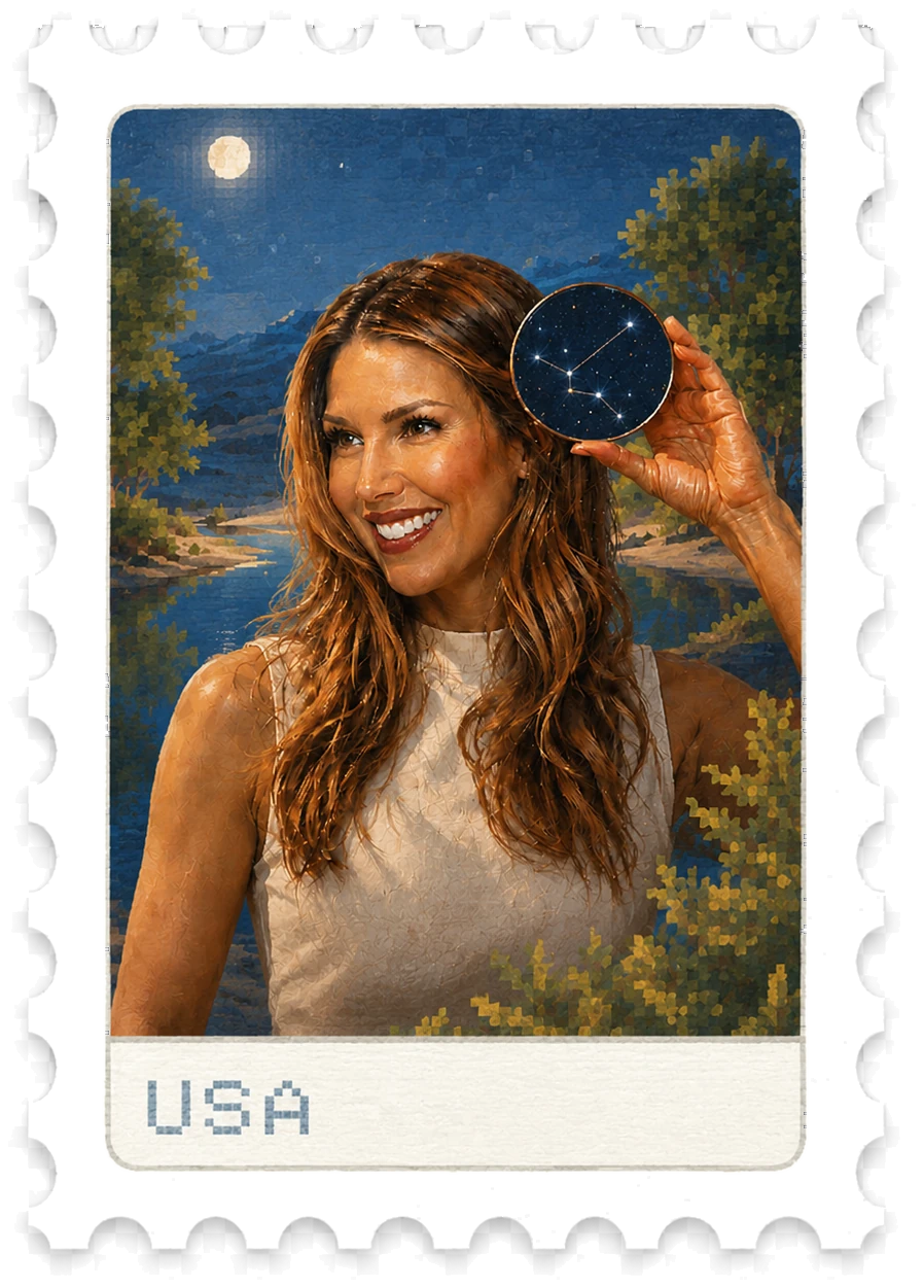 Postage stamp-style portrait of Natalie holding a constellation disc by a moonlit river