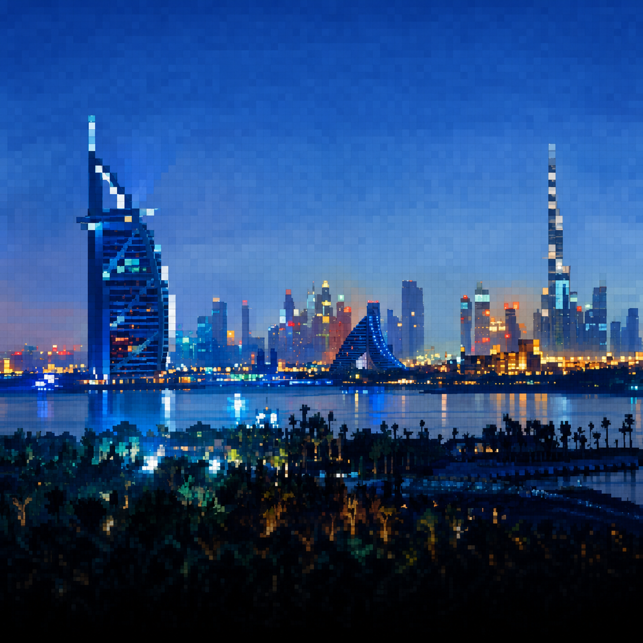 Pixel-painted Dubai skyline reflected across the water at blue hour