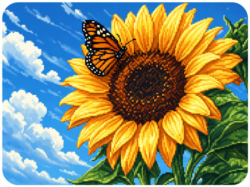 Pixel-art butterfly resting on a sunflower