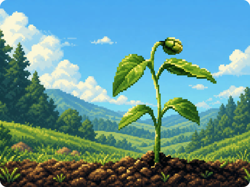 Pixel-art sunflower seedling in a green landscape